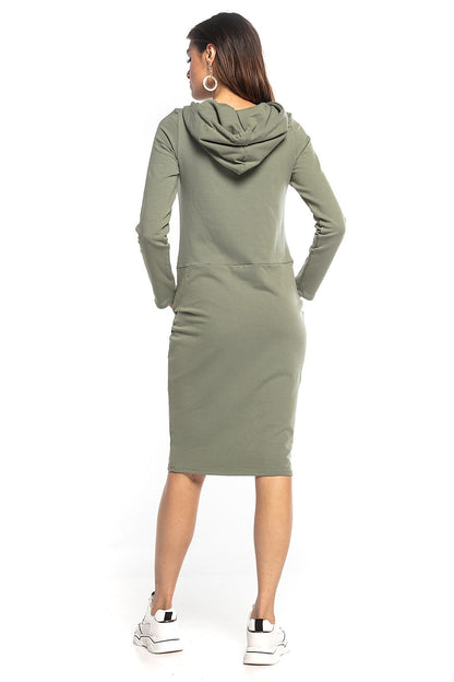Back view of a luxury hooded sweatshirt dress in muted green by Tessita, showcasing the elegant cut and relaxed fit ideal for casual sophistication.