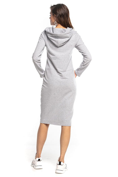Elegant grey hooded sweatshirt dress with kangaroo pockets, designed by Tessita, offering a stylish yet comfortable fit for everyday wear.
