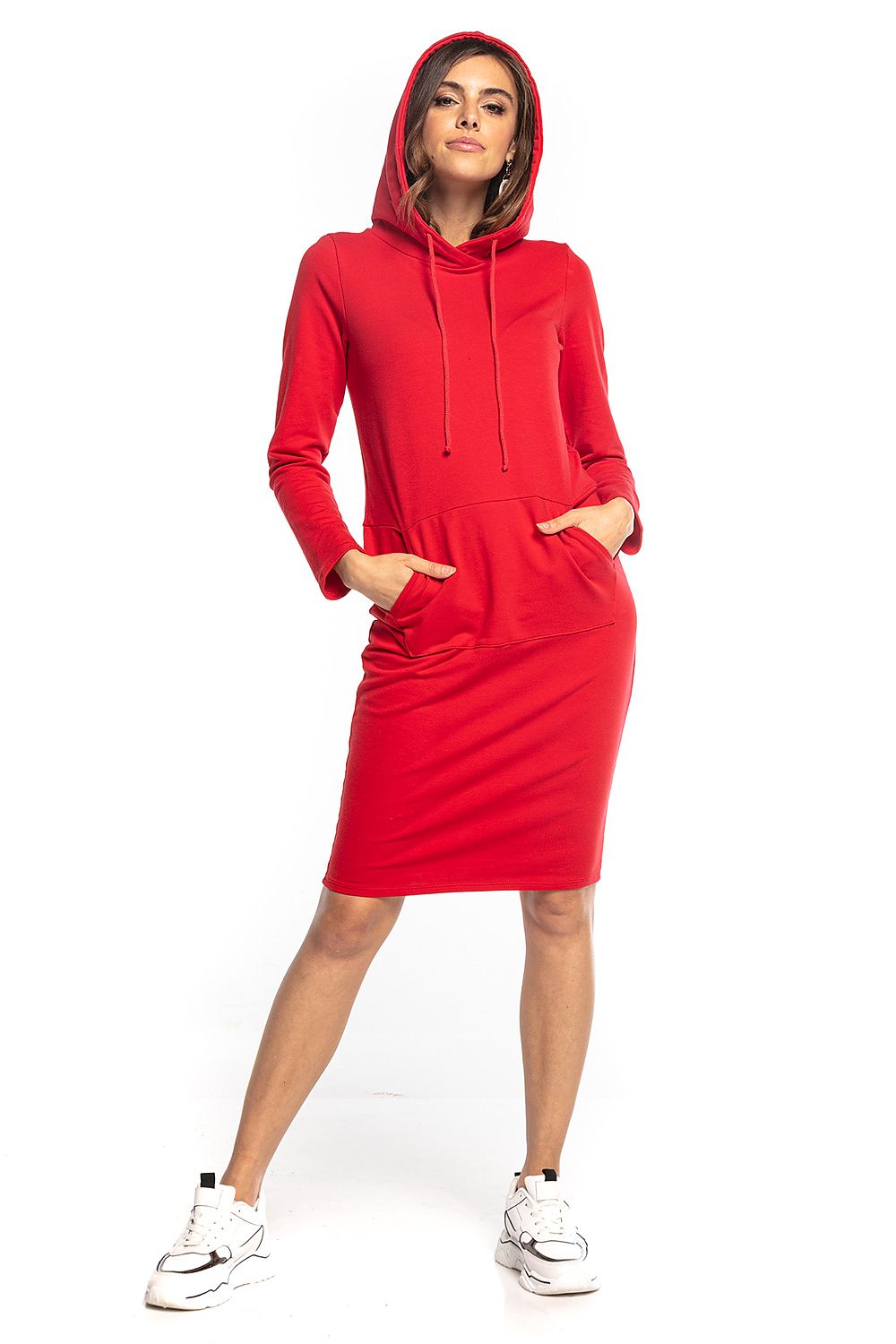 Chic red hoodie dress with a sleek silhouette and kangaroo pockets, crafted by Tessita for a fashionable and luxurious appearance.