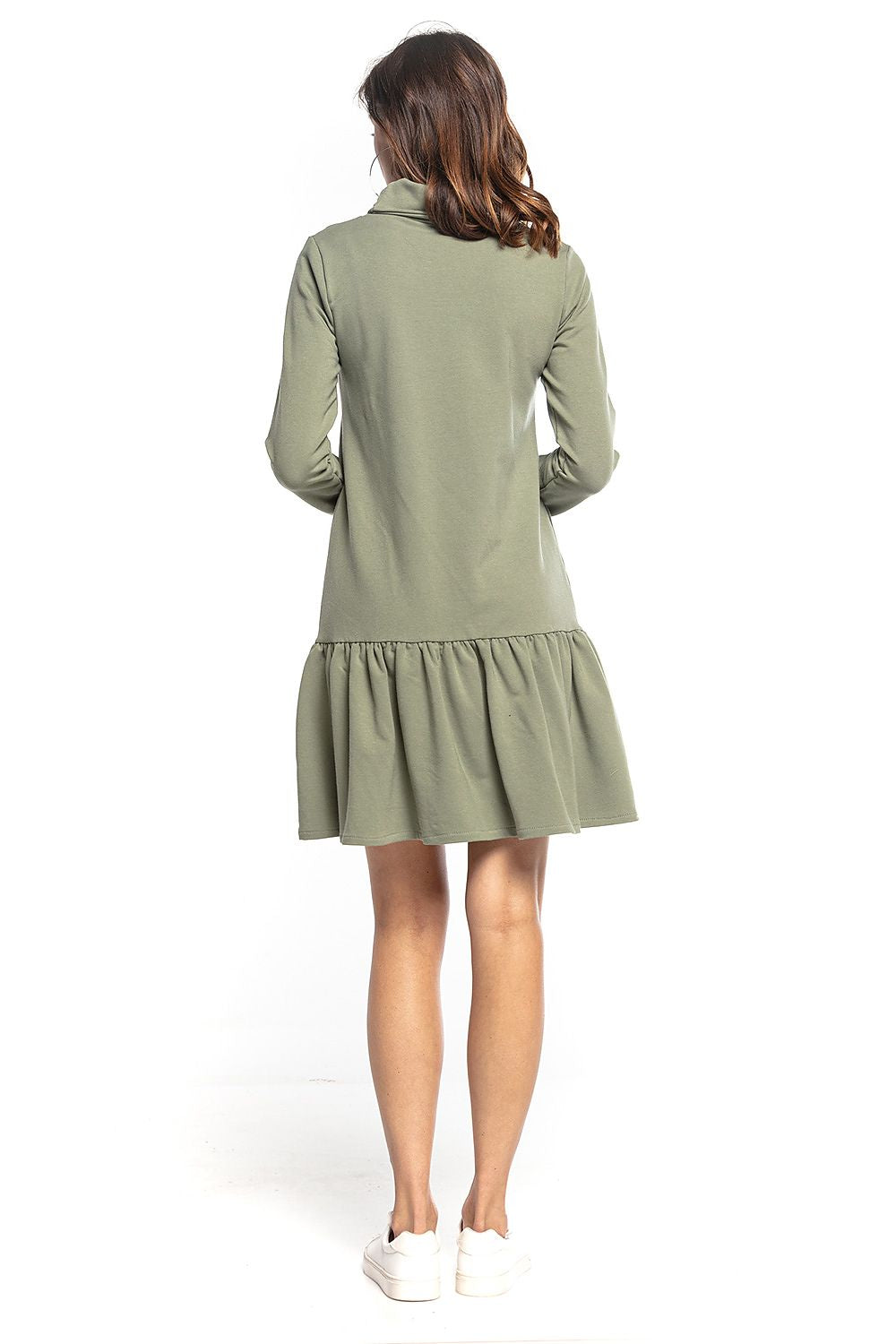 Back view of the Tessita midi dress showcasing its chic turtleneck and wide frill hemline, exemplifying sophisticated comfort in a casual look.