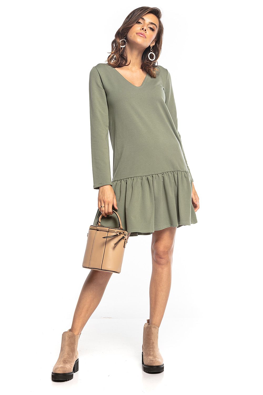 Sporty midi dress by Tessita in green, featuring a loose-fitting silhouette, long sleeves, and a frill hem, perfect for a chic casual look.