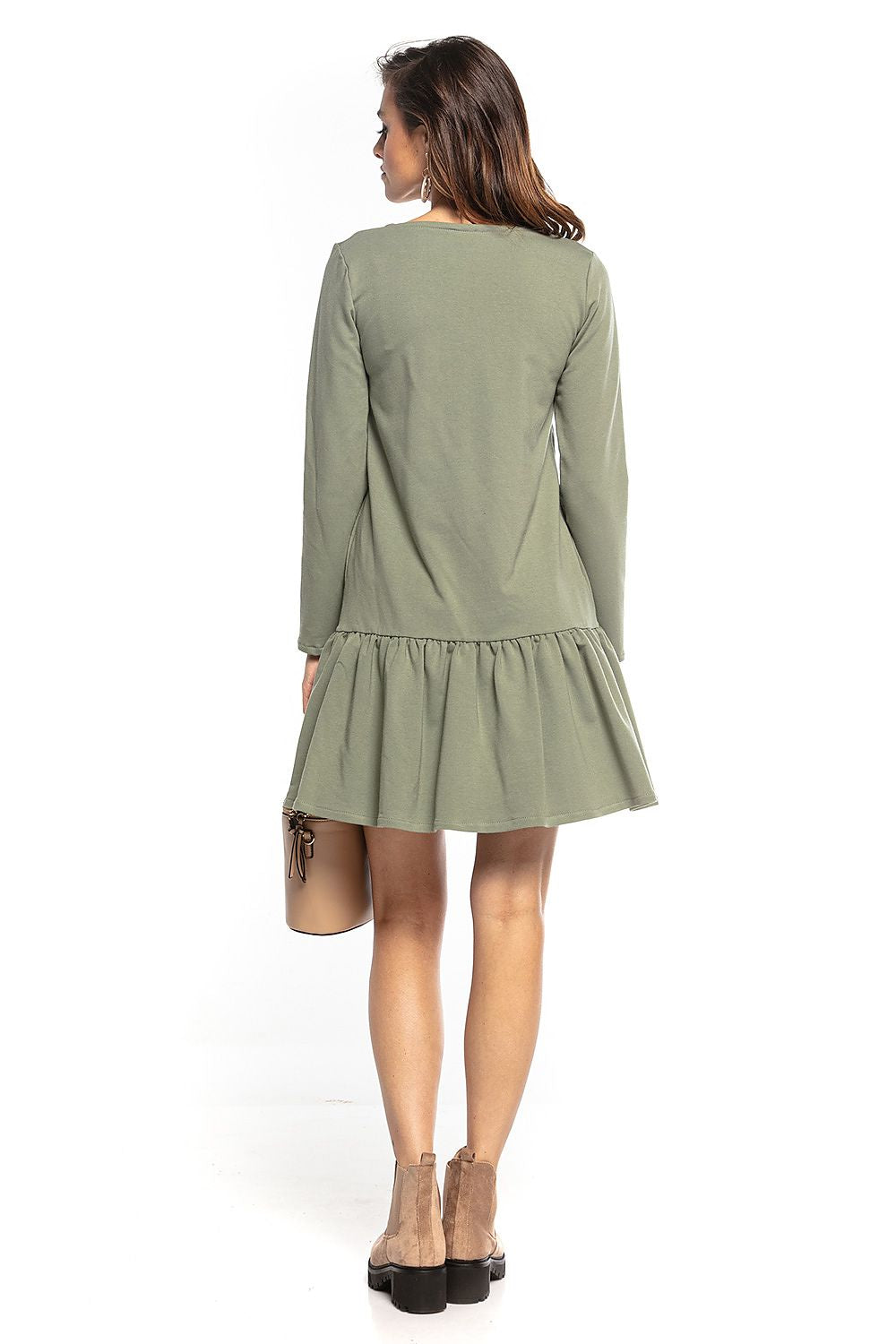 Back view of the sporty midi dress by Tessita in green, showcasing its relaxed design and elegant frill hem.