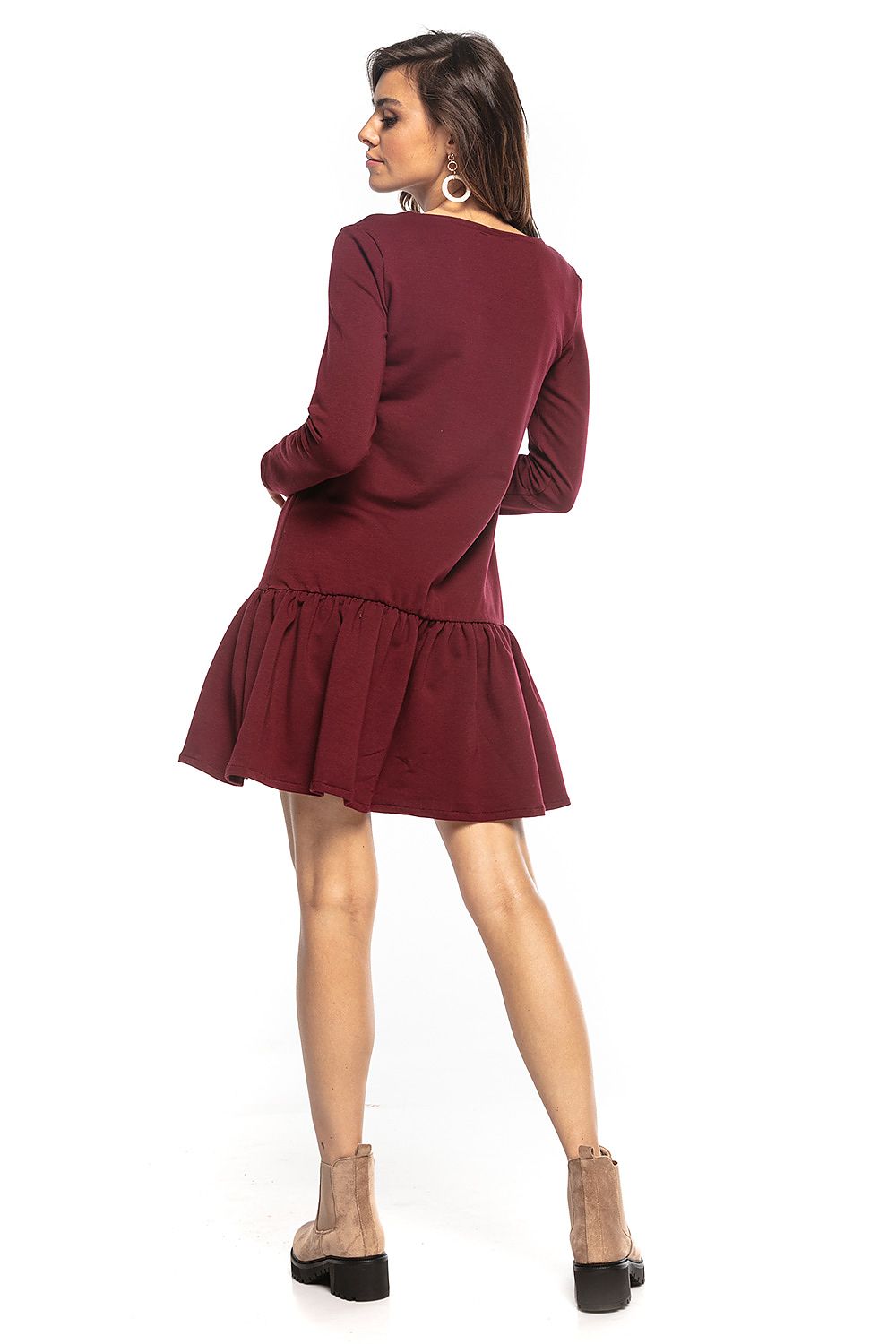 Back view of the burgundy sporty midi dress by Tessita, featuring a chic frill hem and a sophisticated silhouette.