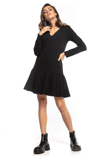 Elegant black sporty midi dress by Tessita, showcasing a flattering v-neckline, long sleeves, and a distinctive frill hem for a timeless look.