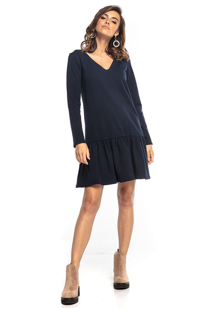 Sophisticated navy sporty midi dress by Tessita with long sleeves and a flattering V-neckline, accented by a flowing frill hem, ideal for versatile styling.