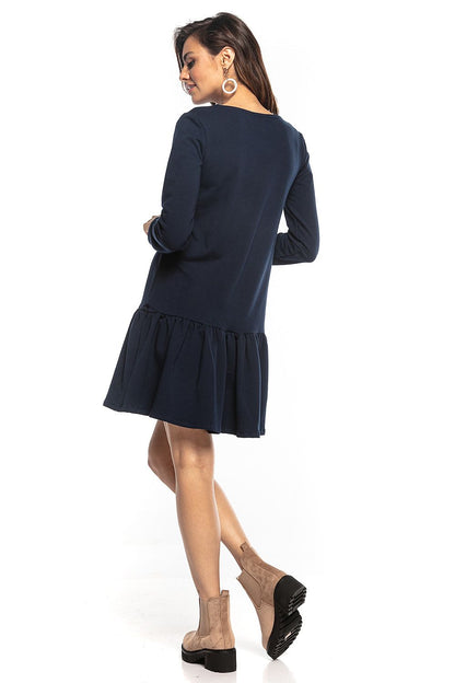 Chic navy sporty midi dress by Tessita showcasing a stylish back view with long sleeves and a feminine frill hem, exuding contemporary elegance.