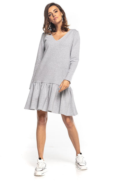 Fashionable grey sporty midi dress by Tessita, featuring a V-neckline and a playful frill hem, designed for comfort and trendsetting appeal.