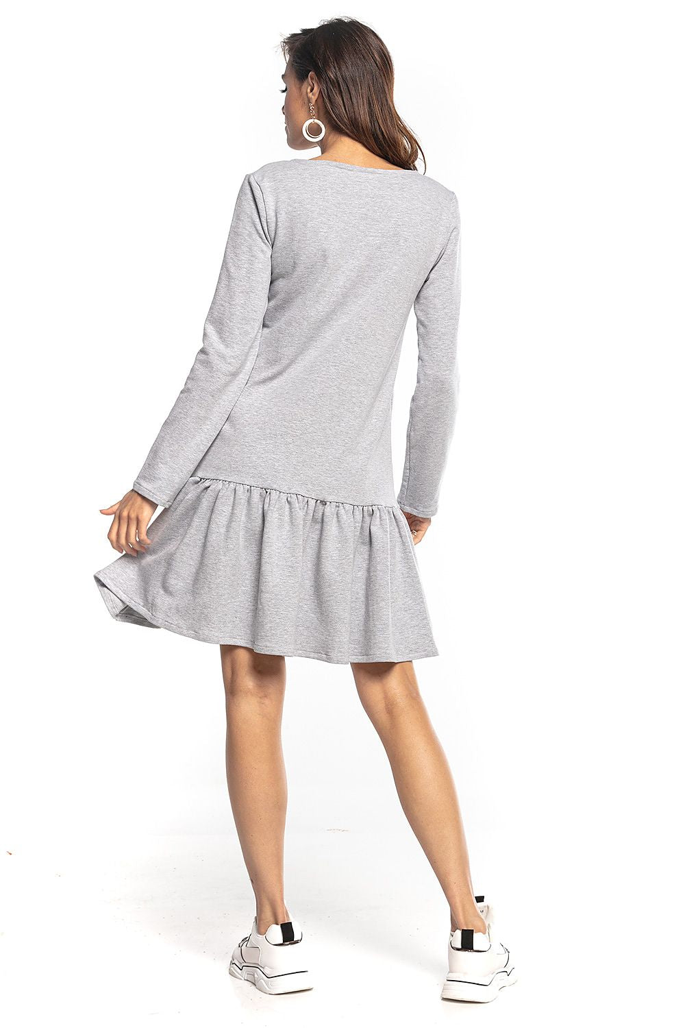 Refined grey sporty midi dress by Tessita displaying a flattering back view with long sleeves and a gracefully flowing frill hem, perfect for luxurious casualwear.