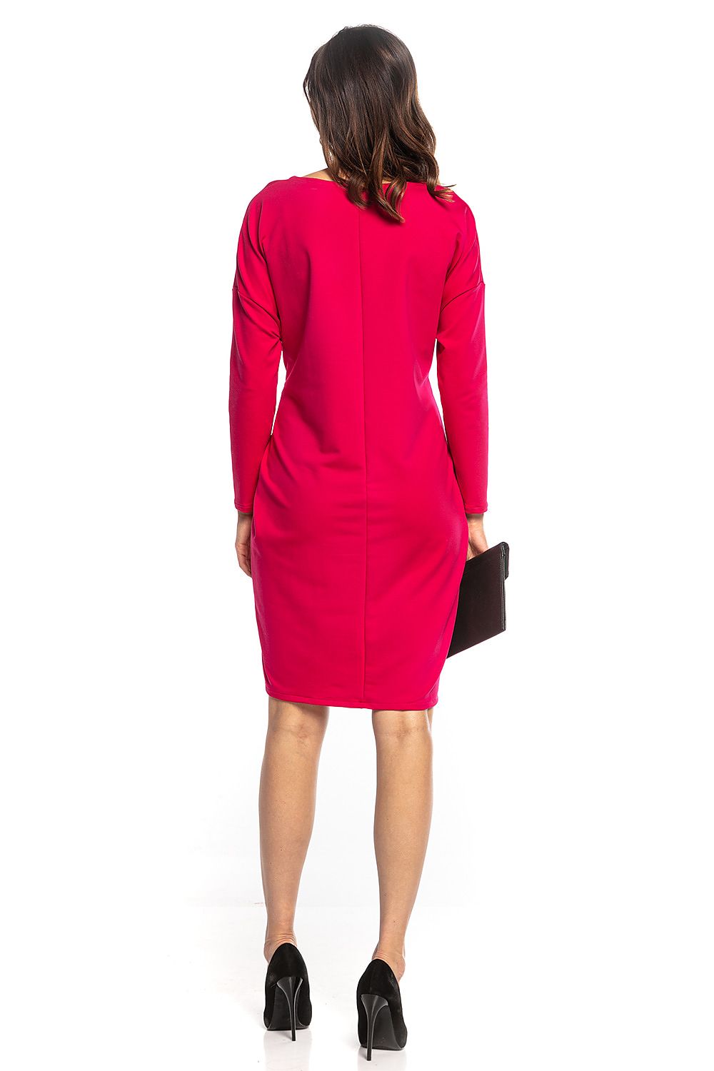 Back view of an elegant pink midi dress by Tessita, showcasing a sleek silhouette and kimono style, ideal for sophisticated events.