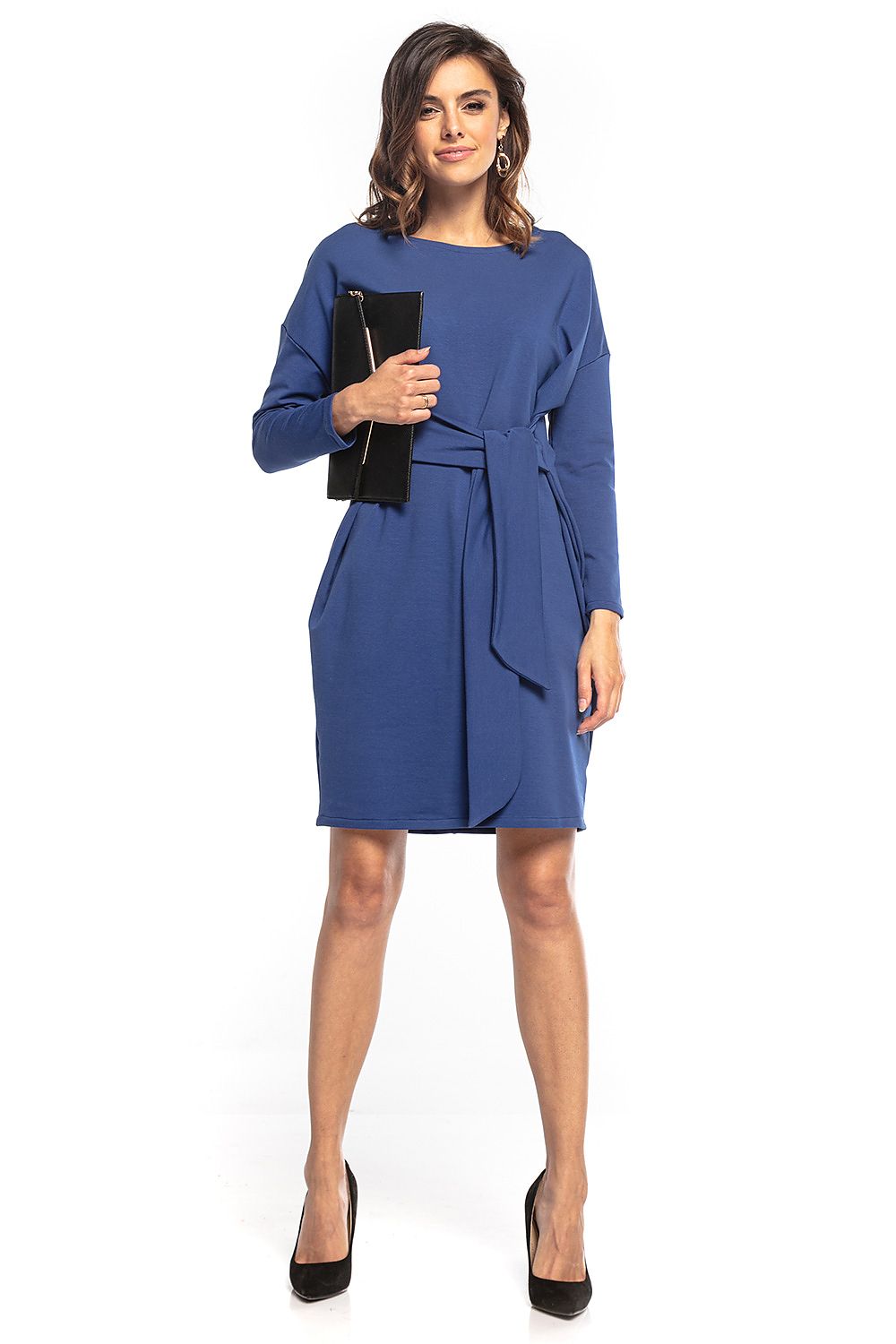 Chic blue midi dress by Tessita designed in a kimono style with a tie belt, complemented by elegant accessories for a modern luxury look.