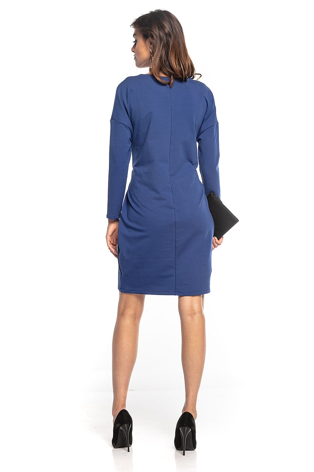 Elegant back view of a navy blue midi dress designed by Tessita, showcasing the kimono style and fitted silhouette.