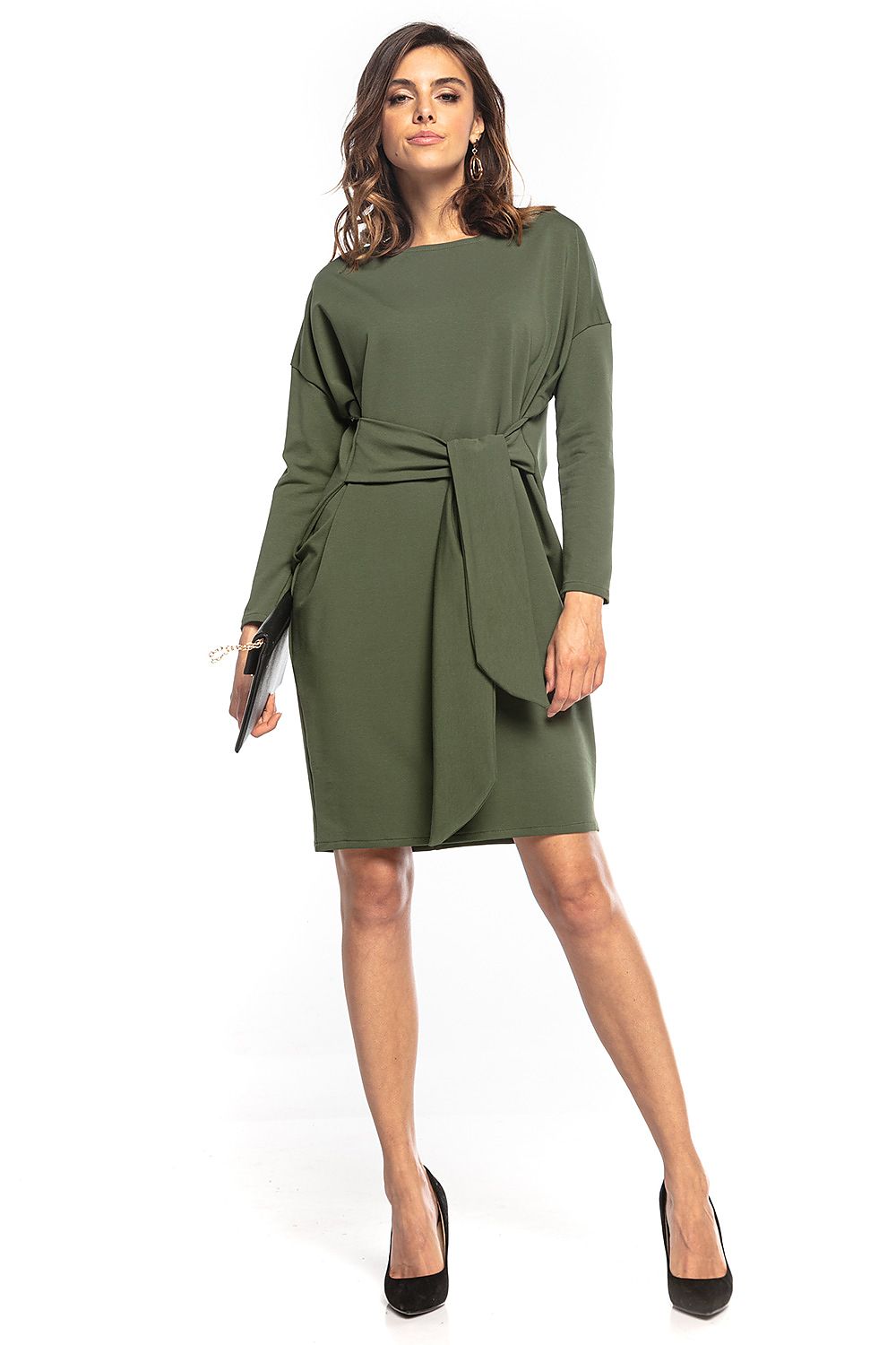 Sophisticated front view of a chic olive green midi dress by Tessita with a tie belt, perfect for stylish occasions.