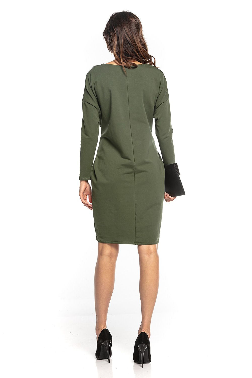 Back view of a fashionable olive green midi dress from Tessita, featuring a streamlined design that highlights elegance.