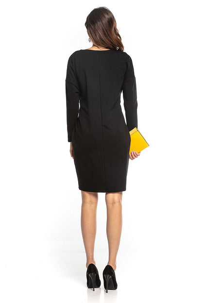 Rear view of a luxurious black midi dress from Tessita, featuring a sleek design complementing any sophisticated ensemble.