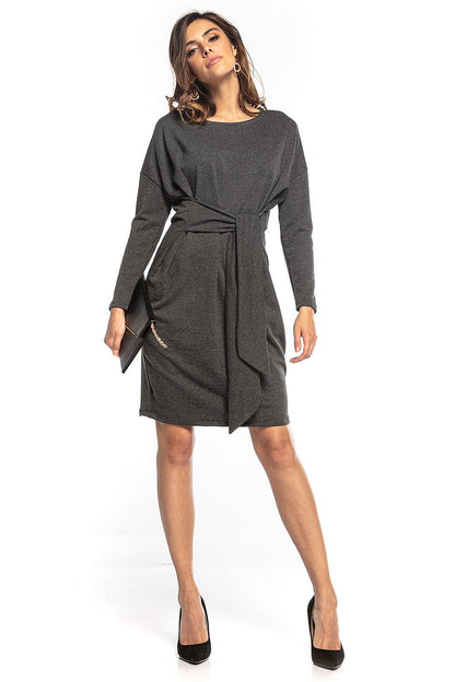 Elegant kimono style midi dress in dark grey by Tessita, featuring a tie belt and sophisticated design, perfect for stylish occasions.