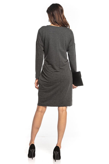 Back view of an elegant kimono style midi dress in dark grey by Tessita, showcasing the sleek silhouette and tasteful design.