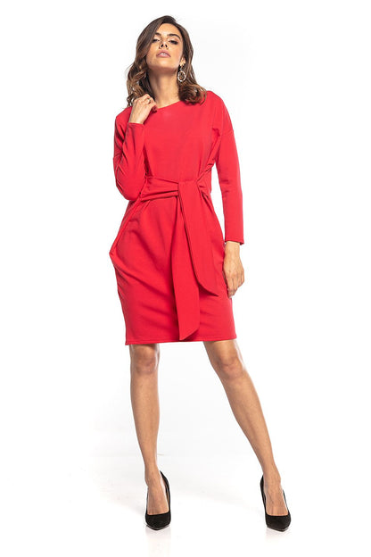Stunning red kimono style midi dress by Tessita, defined by a tie belt and elegant design, ideal for chic events.
