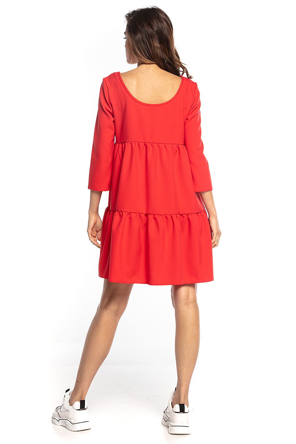 Chic red mini dress with ruffled flared cut by Tessita, designed with 3/4 sleeves and a captivating deep back neckline for a luxurious appearance.