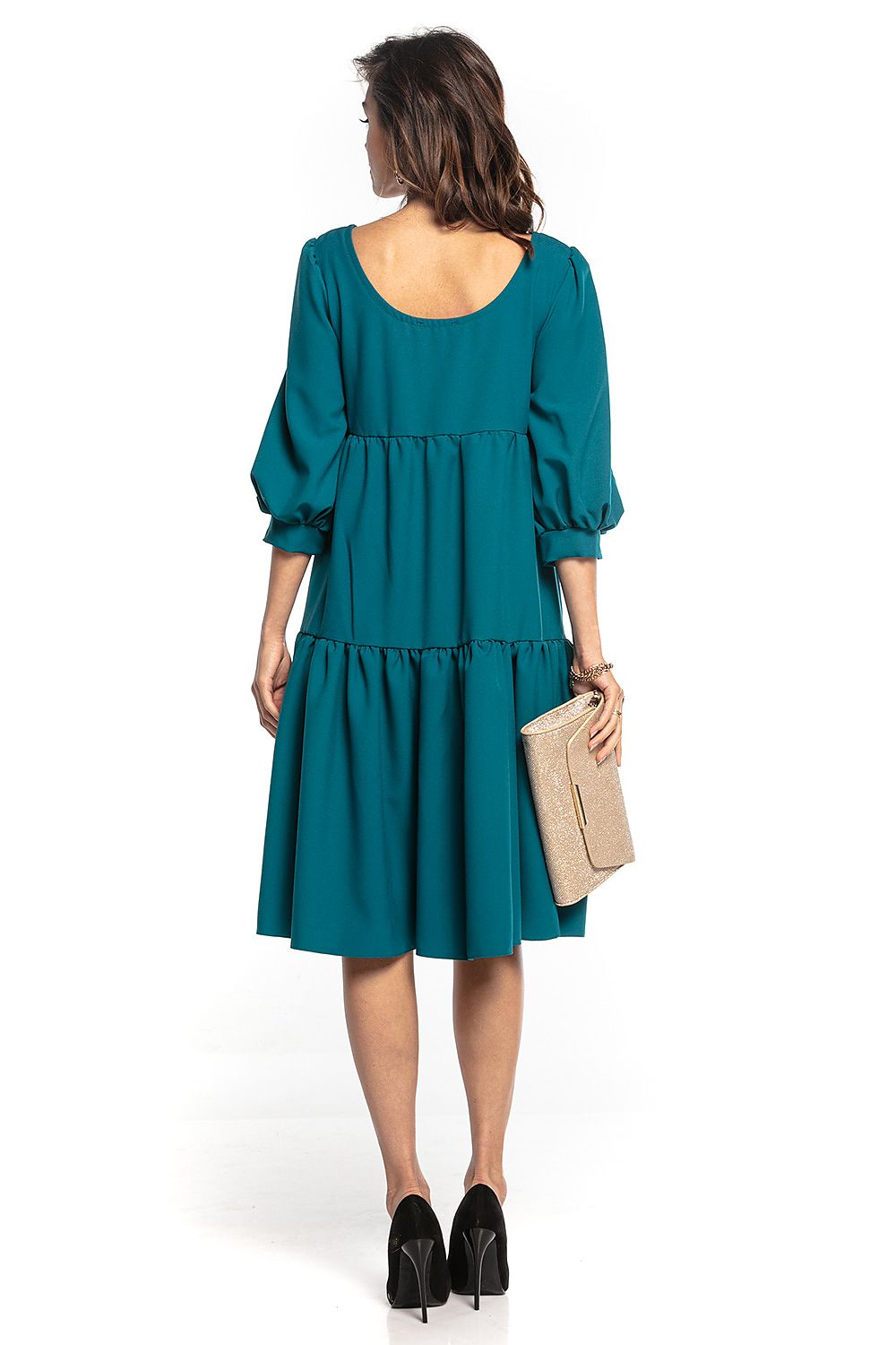 Elegant teal bouffant sleeve day dress with ruffles and flared cut, showcasing the back design, by Tessita.