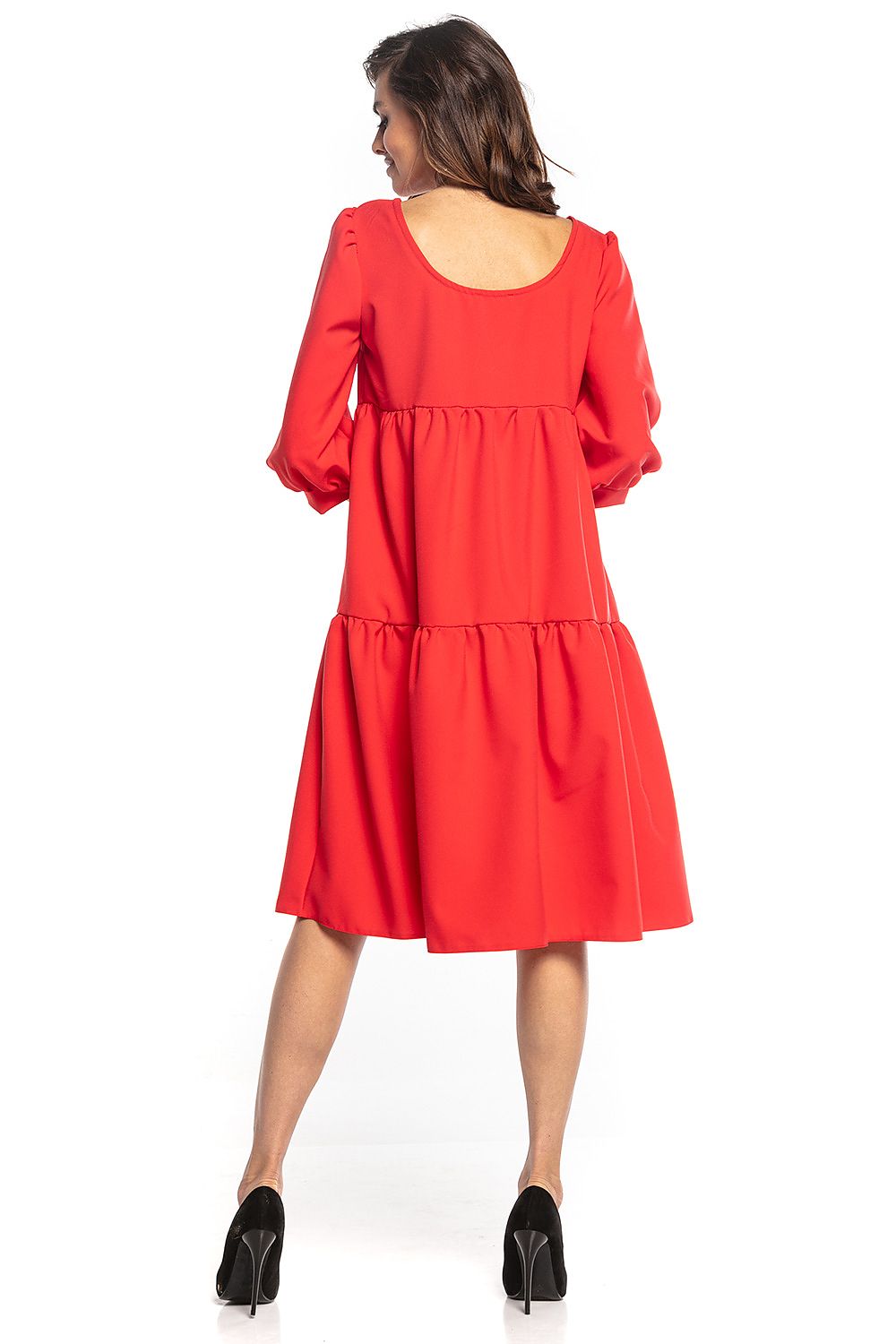 Chic back view of the red bouffant sleeve day dress with flared cut and deep neckline by Tessita, ideal for fashionable outings.