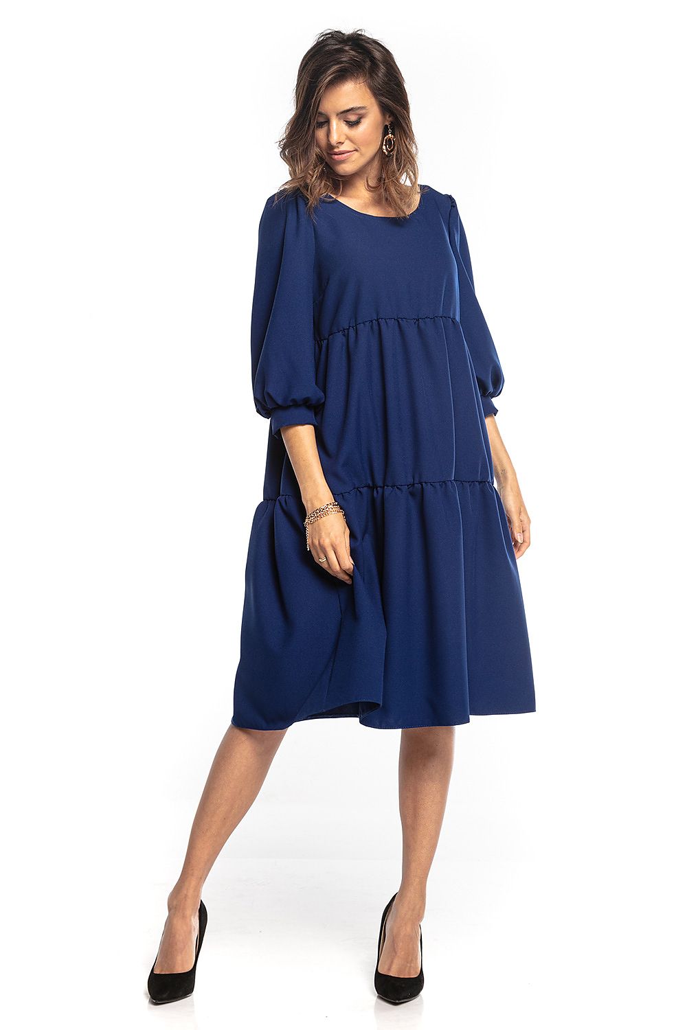 Sophisticated navy blue bouffant sleeve day dress with signature ruffles by Tessita, embodying effortless elegance.