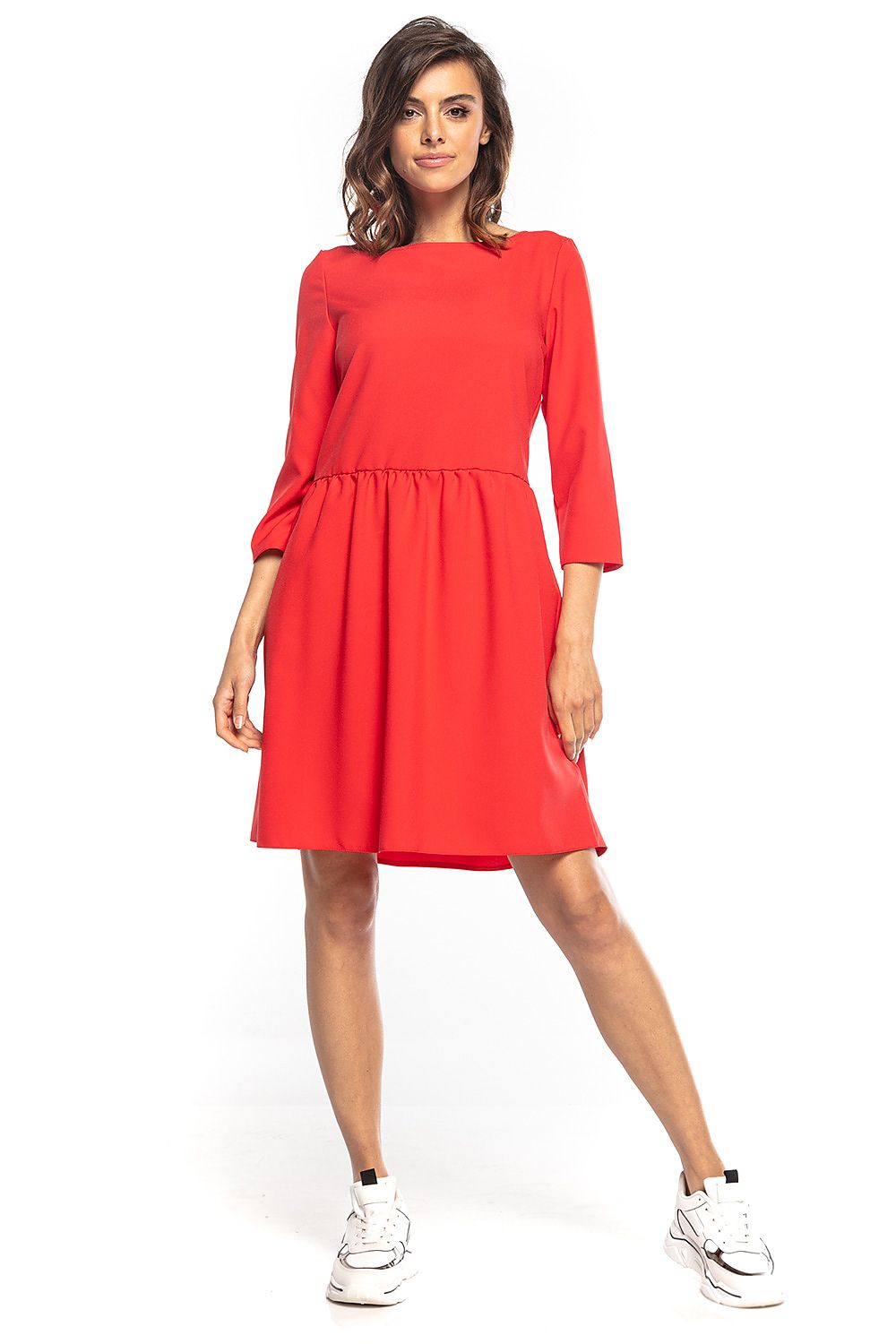 Stunning red midi dress featuring 3/4 sleeves and waist pleats, perfect for a chic look, by Tessita.