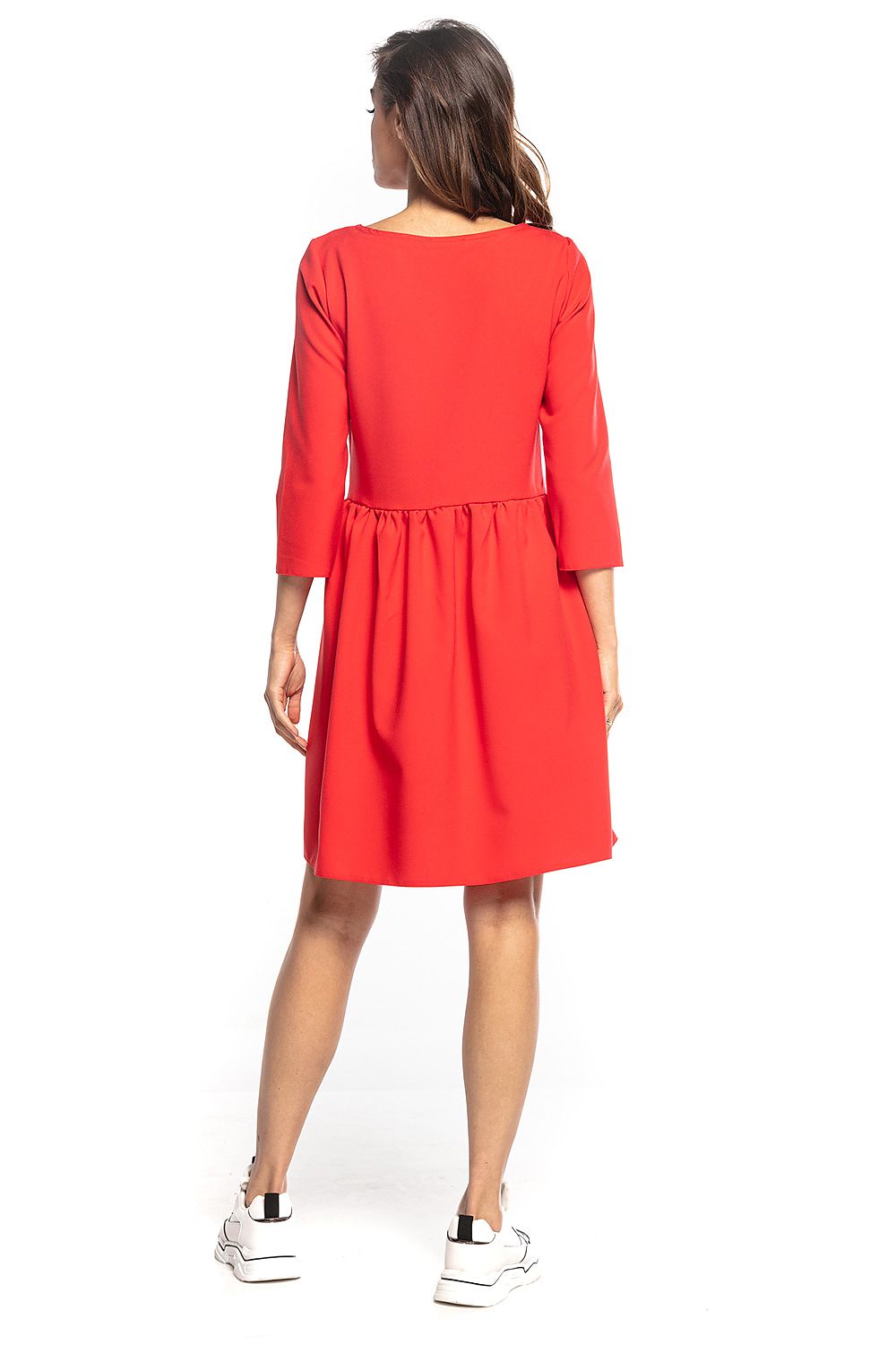 Back view of a red midi dress with pleated waist and 3/4 sleeves, exuding elegance, by Tessita.