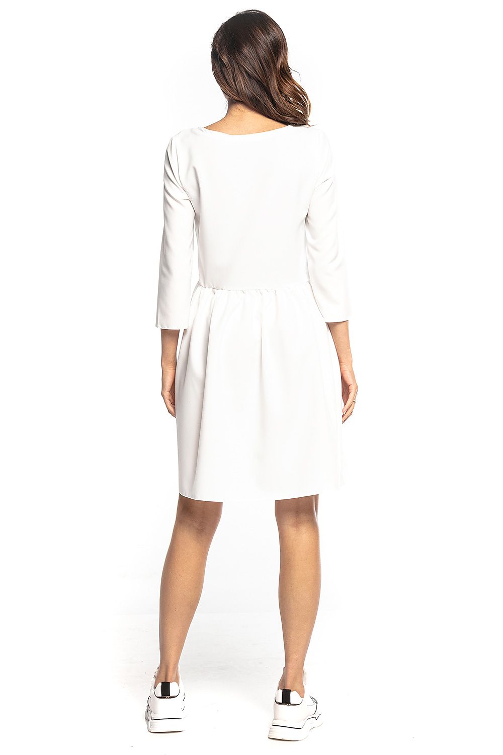 Back view of a chic white midi dress by Tessita, with 3/4 sleeves and a flowing silhouette, perfect for elegant gatherings.