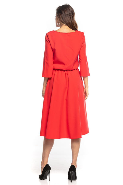 Elegant asymmetrical midi dress with 3/4 sleeves and belt in vibrant red, showcased from the back, designed by Tessita for a luxurious look.