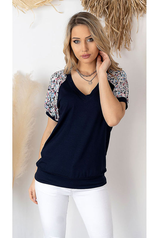 Chic navy blue Hajdan blouse in smooth viscose knit, featuring elegant floral printed insets on short sleeves, ideal for spring and summer wear.