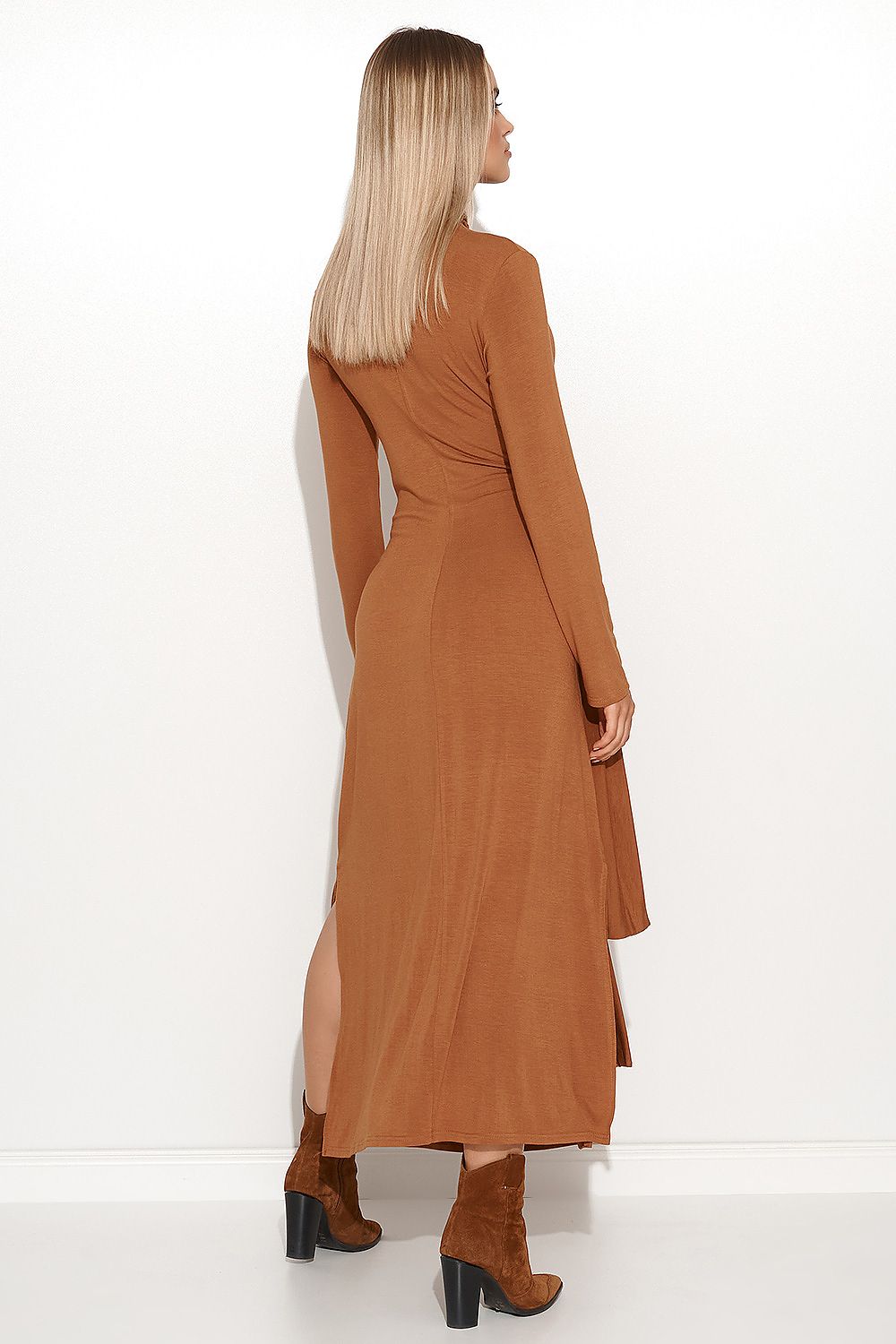 Stylish view of Makadamia Long Turtleneck Daydress featuring slits, perfect for an elegant workplace or upscale event.