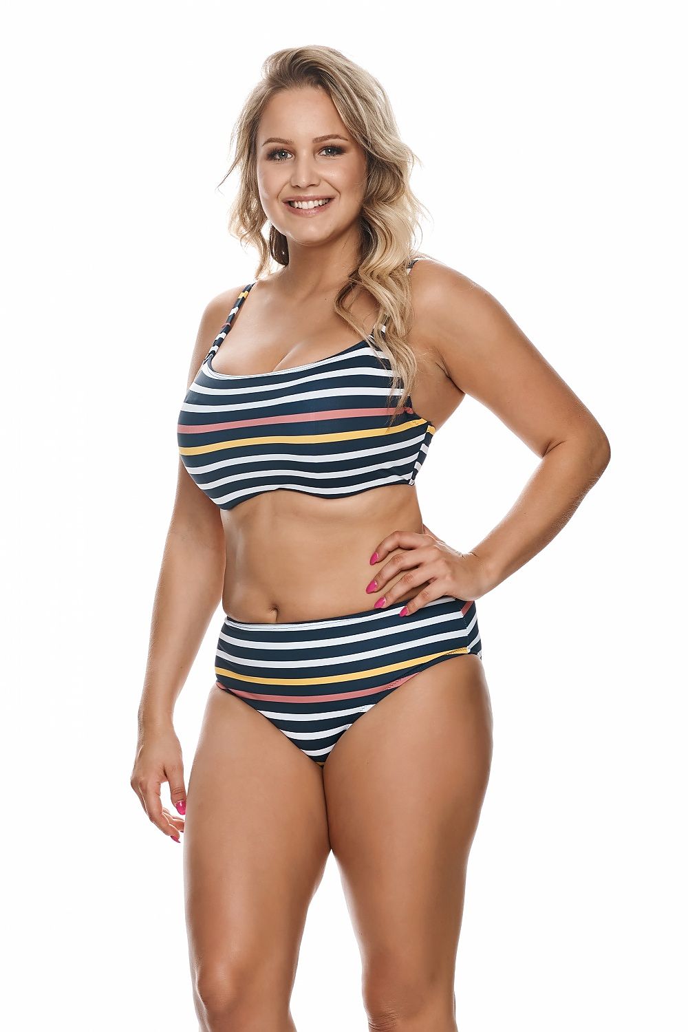 Elegant swim bra by Lupo Line designed for large busts, featuring a stylish striped pattern. Model showcasing the underwired microfiber swim bra with adjustable straps, complemented by matching bikini bottoms.
