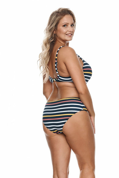 Elegant back view of a model wearing a Lupo Line swim bra for large busts, featuring a stylish striped design in navy with vibrant hues. This luxurious swimwear offers adjustable straps and a flattering shape, ideal for confident beach or poolside attire.