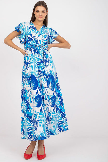 Elegant model showcasing a vibrant blue and white floral casual short sleeve dress with an envelope neckline and waist tie, perfect for warm weather occasions.