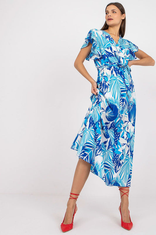 Chic view of a stylish blue and white floral dress featuring short sleeves and a flattering waist tie, ideal for both casual and dressy events.