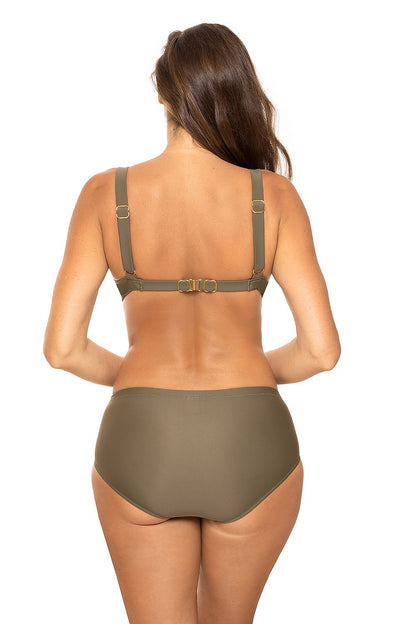 Elegant back view of the Luxury Marko Two-Piece Swimsuit in olive green, featuring adjustable straps and refined detailing ideal for stylish beachwear.