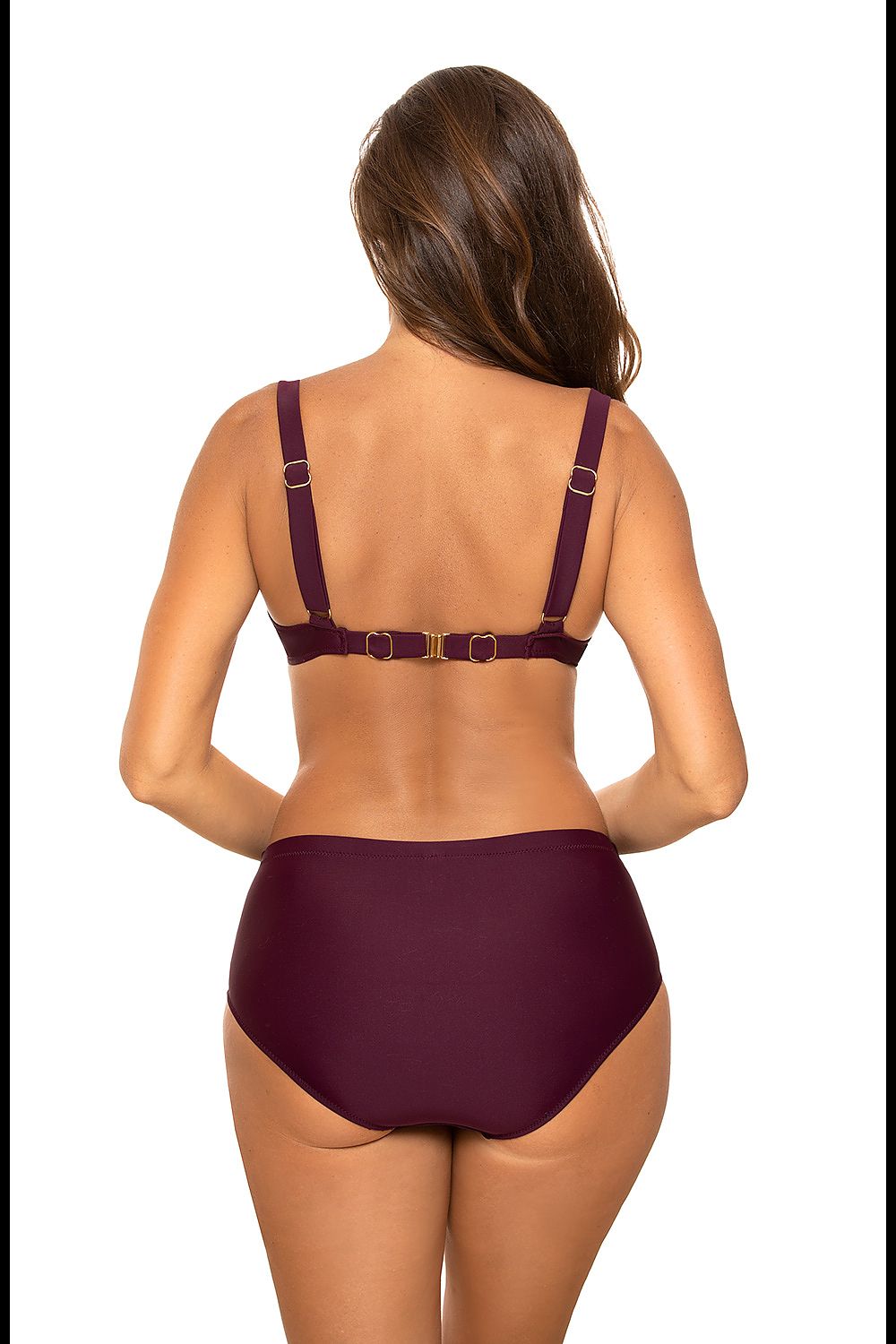 Luxurious back view of the model in the maroon Luxury Marko Two-Piece Swimsuit, accentuating the smooth lines and elegant silhouette that celebrates summer style.
