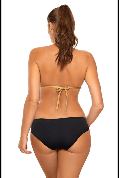 Back view of a beautiful model wearing the Marko Luxury 2-Piece Swimsuit, highlighting the adjustable strap design and elegant black bikini bottom, against a minimalist background.