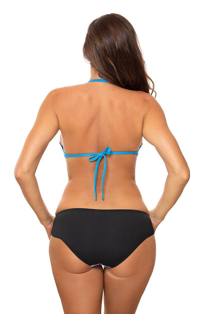 Back view of a model in the Marko Luxury 2-piece swimsuit with blue accents, exemplifying luxury and comfort for beachside elegance.