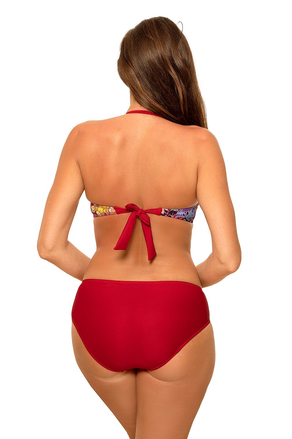 Elegant two-piece red swimsuit by Marko, featuring an adjustable bra with underwire and push-up effect, showcasing a sophisticated back view.