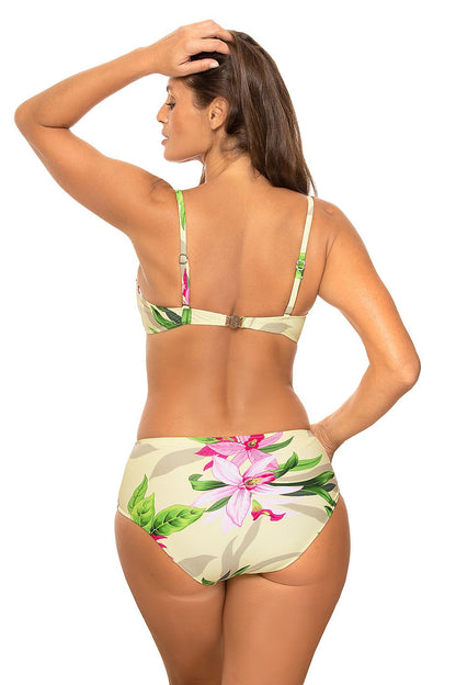 Back view of the luxury Marko two-piece swimsuit with floral print, adjustable straps, and underwire details, model showcasing the elegant design.