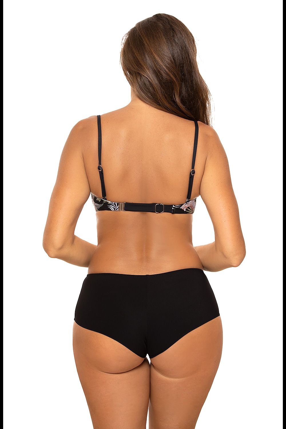 Back view of a model in the Marko Luxury 2-Piece Swimsuit, highlighting adjustable straps and elegant black bottoms, set against a minimalist backdrop.