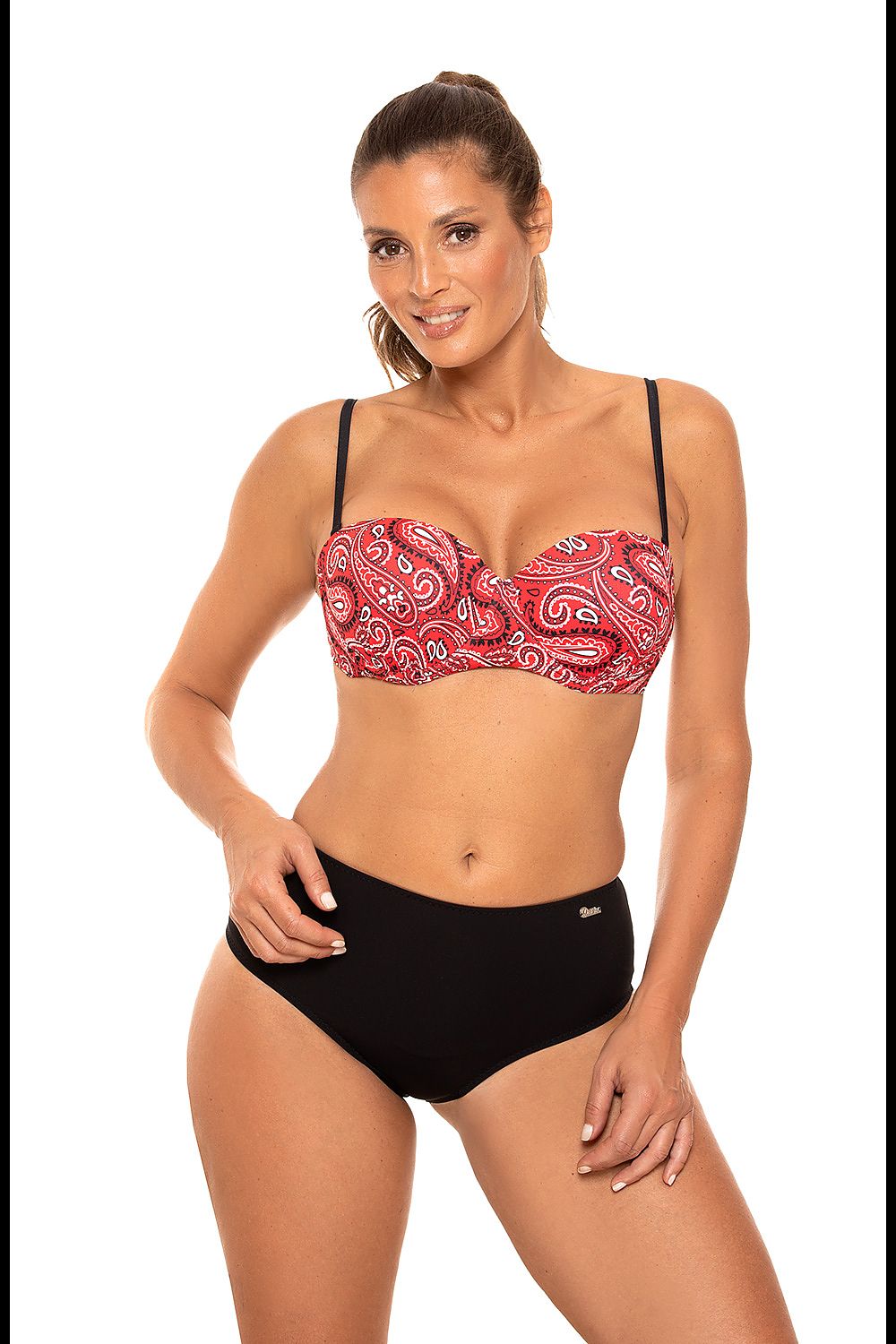 Front view of Marko Luxury 2-Piece Swimsuit featuring intricate paisley design on the bust and high-waisted black bottoms, model displaying confidence.