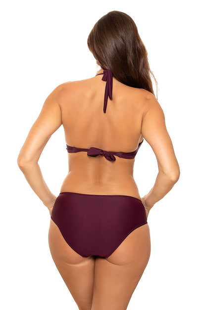 Back view of a luxurious burgundy one-piece swimsuit by Marko, highlighting the tie-back detail and elegant silhouette, making it a sophisticated choice for summer outings.