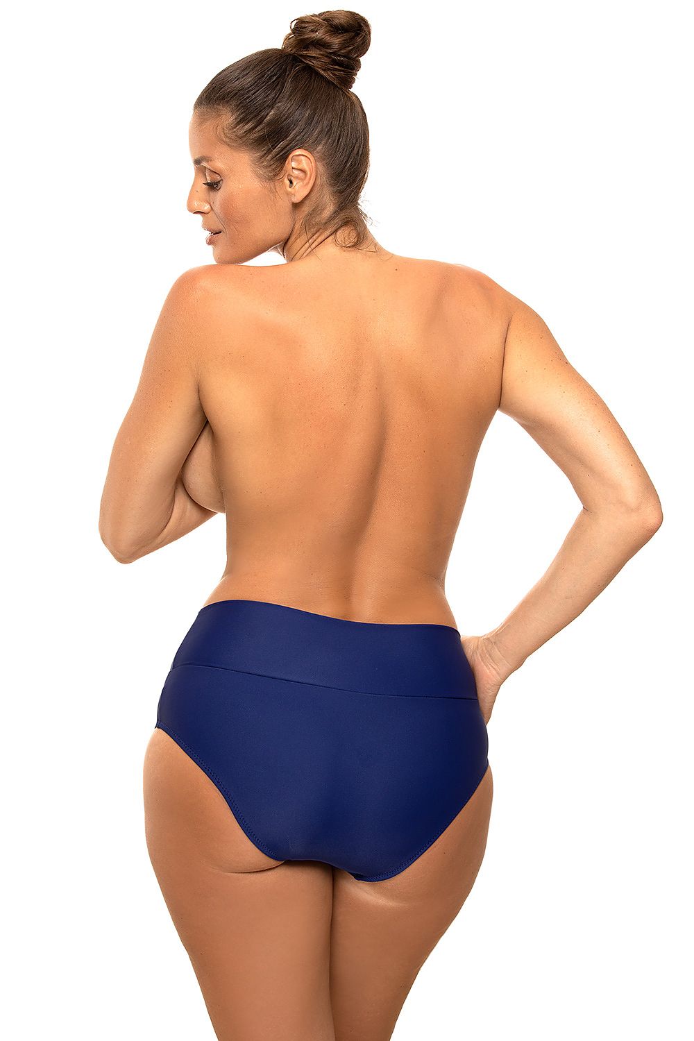Sleek back view of Marko high-cut navy swim panties, demonstrating a smooth finish and luxurious fabric, model posed gracefully to emphasize comfort and style.