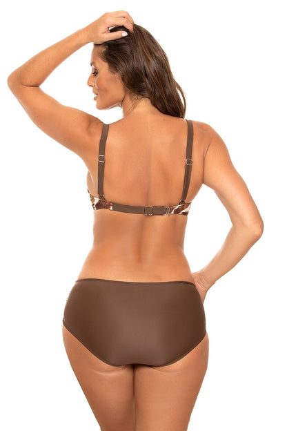 Back view of a chic elegant two-piece swimsuit with leopard print detailing, highlighting adjustable straps and luxurious fabric.