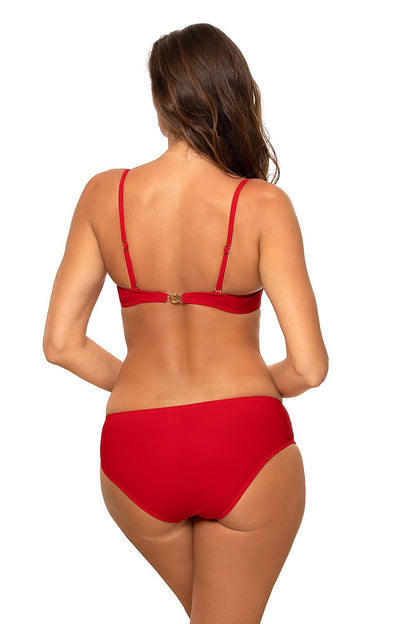 Back view of a luxurious red 2-piece swimsuit with adjustable straps and a stylish clasp, highlighting a sophisticated silhouette.