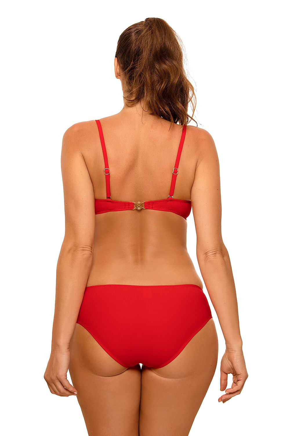 Back view of a luxury red 2-piece swimsuit showcasing adjustable straps and a chic design for a sophisticated summer look.