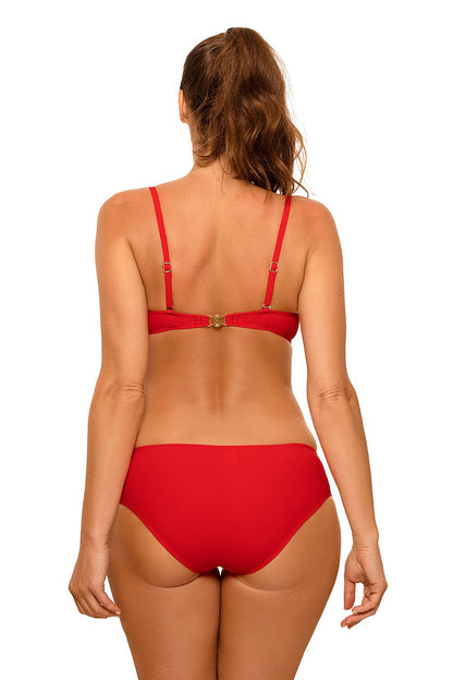 Back view of a luxury red 2-piece swimsuit showcasing adjustable straps and a chic design for a sophisticated summer look.