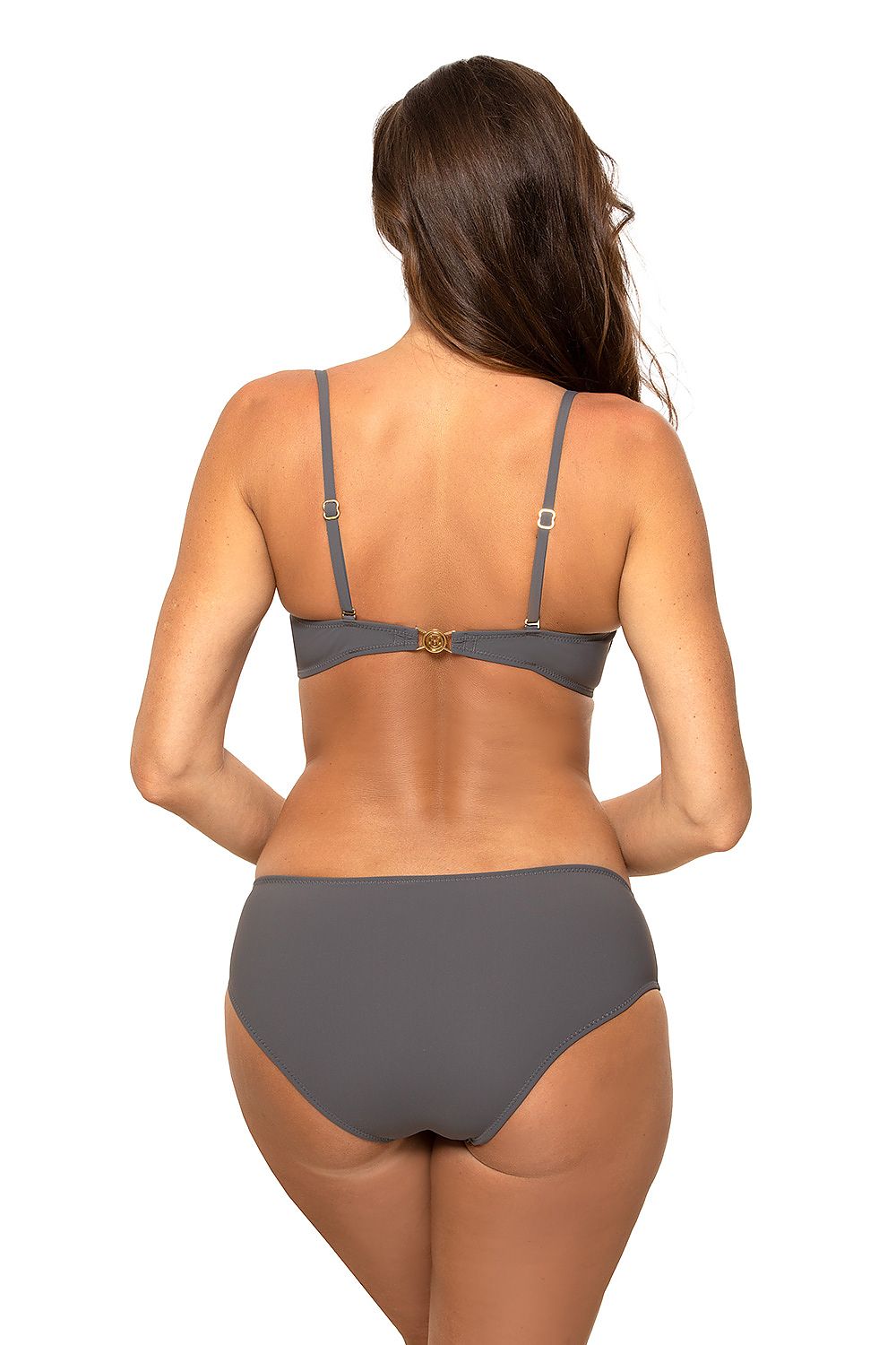 Sophisticated view of the back of a grey two-piece swimsuit, featuring adjustable straps and a secure clasp, highlighting the luxurious Italian fabric and elegant cut.